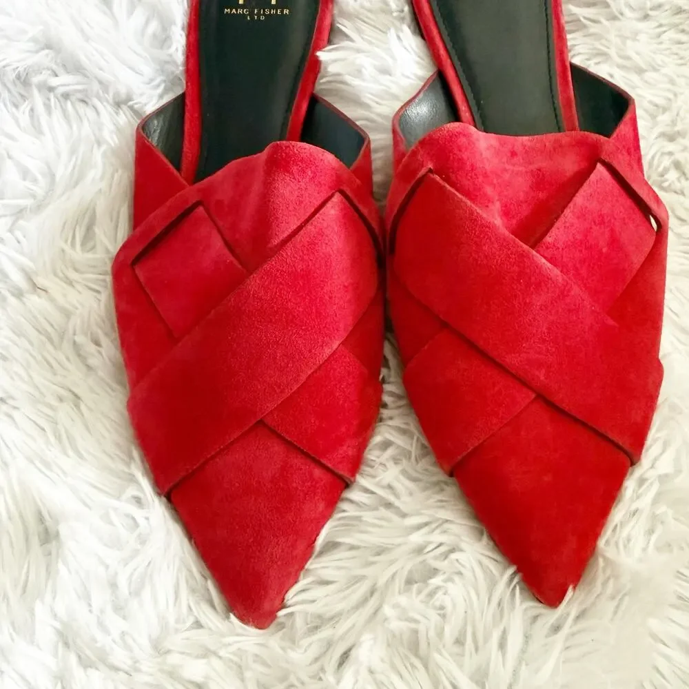 MARC FISHER LTD | Red‎ Suede Pointed Toe Crisscross Mule Flats Slide | Size 8.5M
